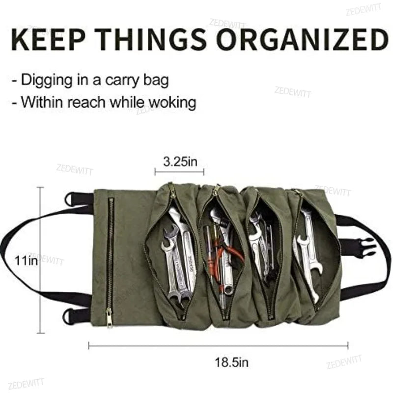 Tool Roll Heavy Duty Multipurpose Roll Up Tool Bag Canvas Wrench Roll Tool Organizer Bucket Car  - Automotive LED Light