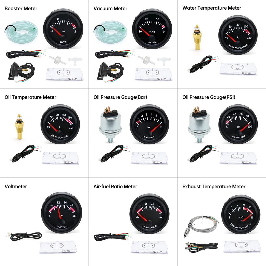 52mm Car Exhaust Gas Temp Gauge Vacuum Oil Pressure Bar PSI Gauge Voltmeter Oil Temperature Wate - Automotive LED Light