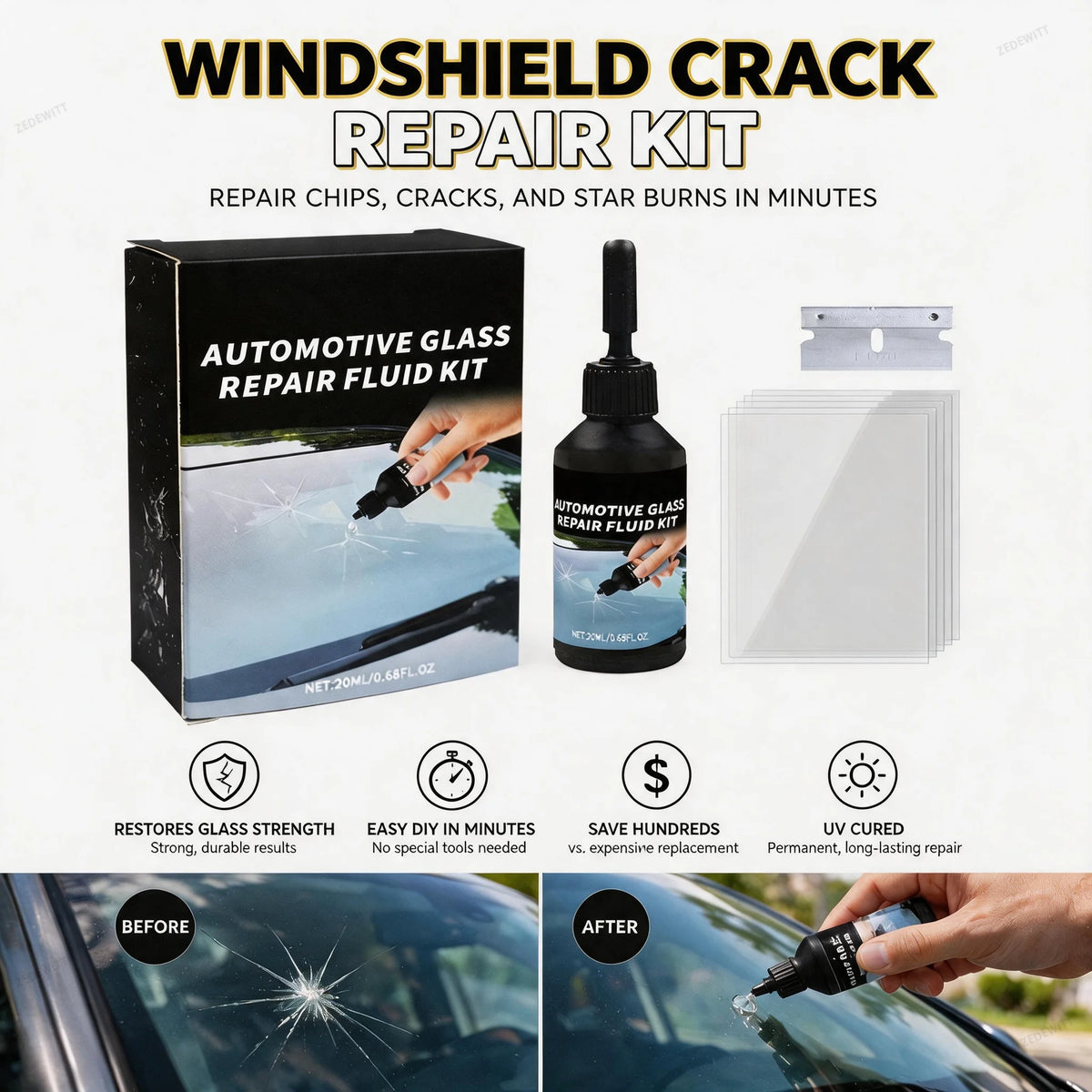 20ml Car Window Repair Resin Kit DIY Crack Chip Scratch Fix Tool Curing Film Scraper Portable Au - Automotive LED Light