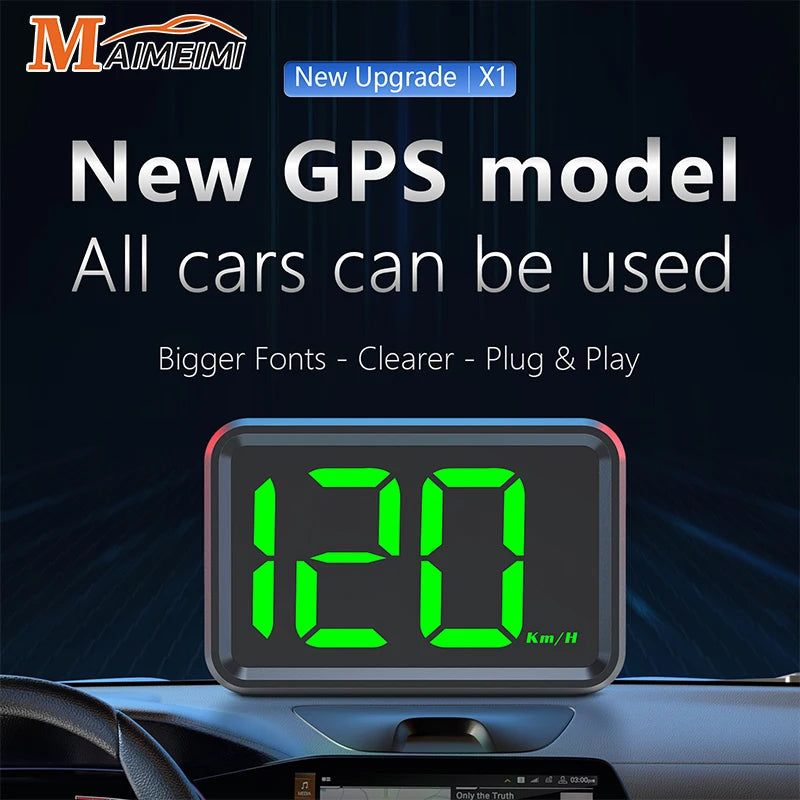 X1 Car GPS Head Up Display For HUD Digital Speedometer Plug and Play Big Font KMH Gauge for Cars - Automotive LED Light