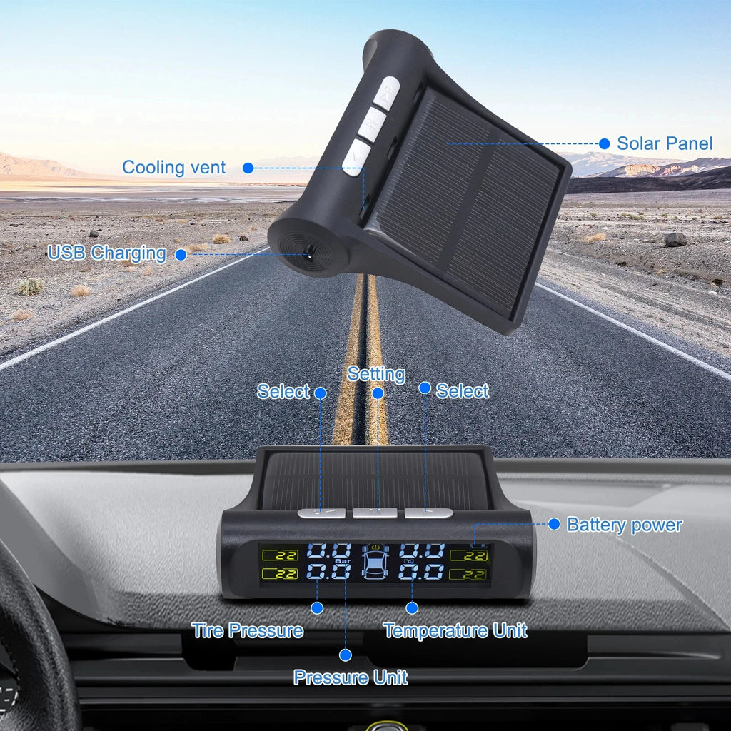 TPMS Car Tire Pressure Monitoring System Solar Charging 4 External Sensor Real-time Display Auto - Automotive LED Light