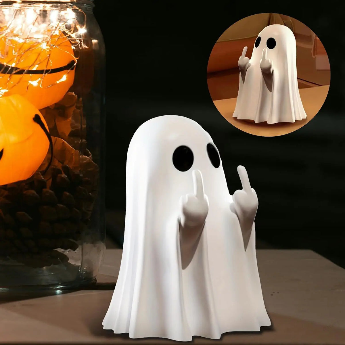 Funny Middle Finger Ghost Figurine Mini Resin Halloween Decor Spooky Statue for Office Desk Pran - Automotive LED Light
