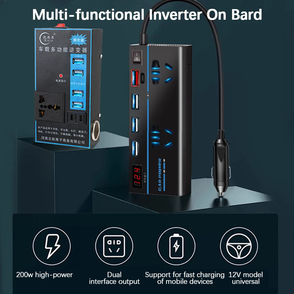 200W DC/AC Inverter Car Power Sockets 12V/24V to 110V/220V 8 Ports With Switch Voltmeter USB Cha - Automotive LED Light