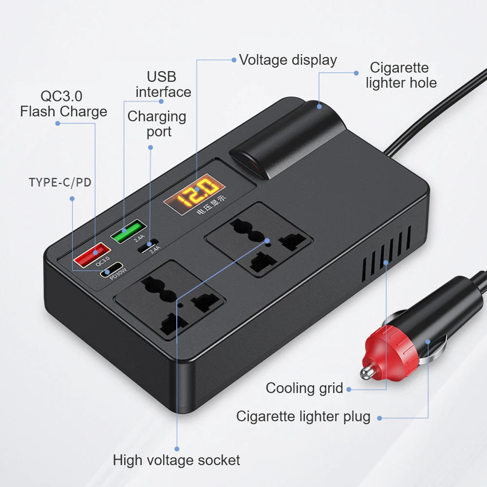 DC/AC Inverter 12V/24V to 220V Car Converter 7 Ports PD Type-C USB Chargers 3.0 Cigar Lighter Pl - Automotive LED Light