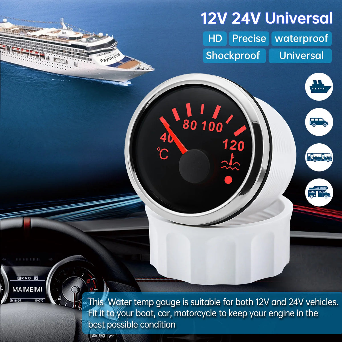 High Quality 52 mm 40~120 Celsius Boat Car Digital Water Temperature Gauge Auto Car Water Temp M - Automotive LED Light