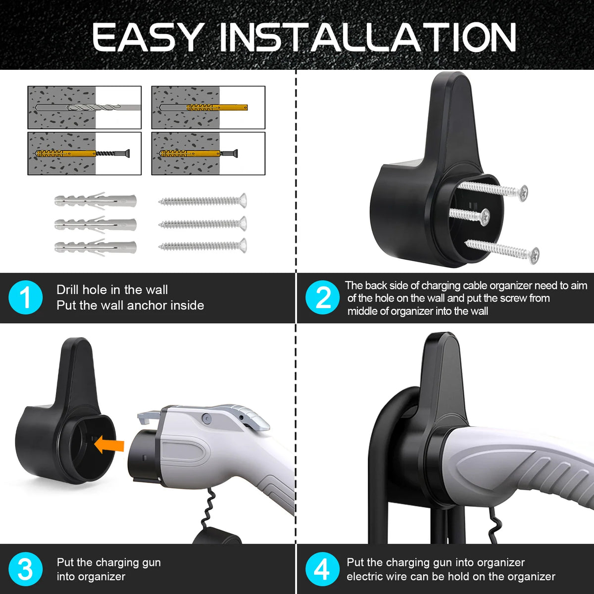 EV Charger Holder Holster Dock Wall-Mount For Electric Vehicle Cars Type 2 Charging Cable Extra  - Automotive LED Light