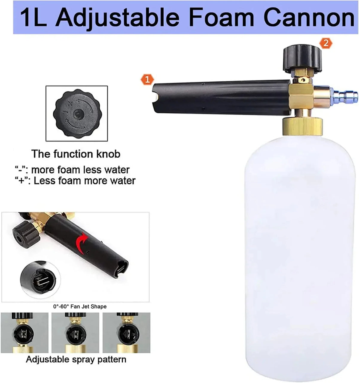 1L Car Cleaning Foam Gun 1/4 Quick Connector Adjustable High Pressure Soap Foamer Car Wash Press - Automotive LED Light