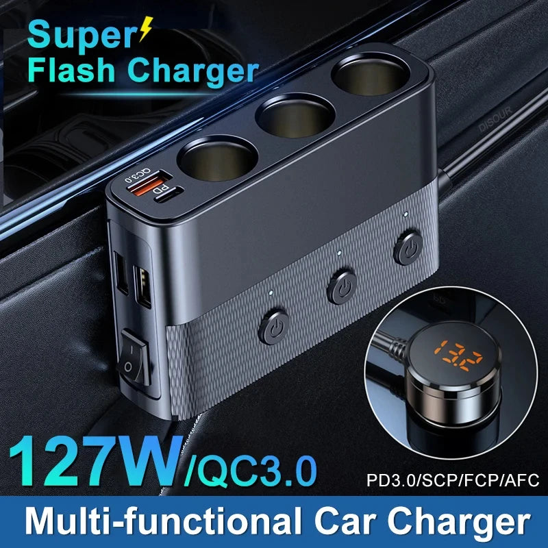 Multi-Function Car Charger 127W Super Flash Car Charger Cigarette Lighter Conversion Head Adapte - Automotive LED Light