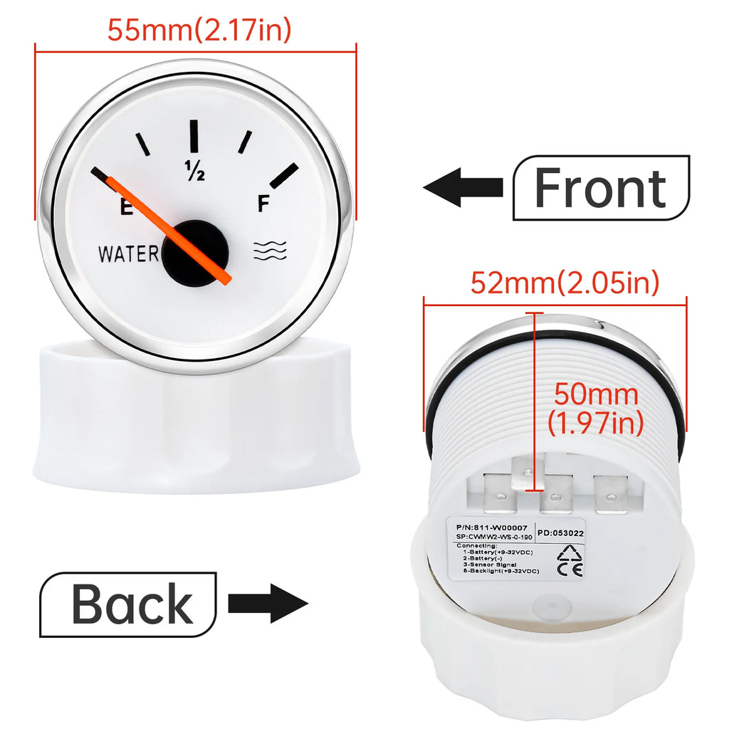 2'' 52MM Water Level Gauge Water Level Meter Signal 0~190 ohm Tank Indicator With Red Backlight  - Automotive LED Light