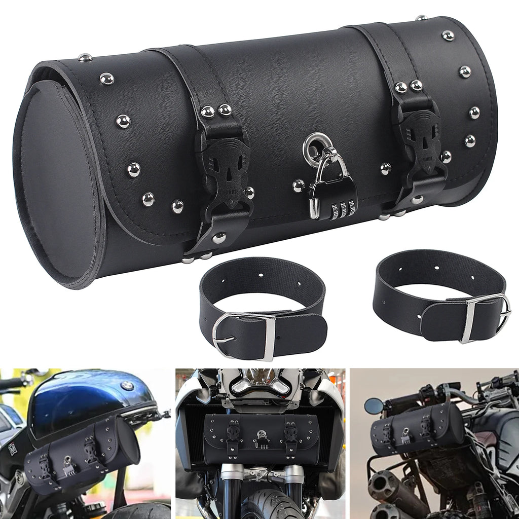 Motorcycle Tool Bag Faux Leather Handlebar Roll Bag Waterproof Saddlebag Side Pannier Retro Siss - Automotive LED Light