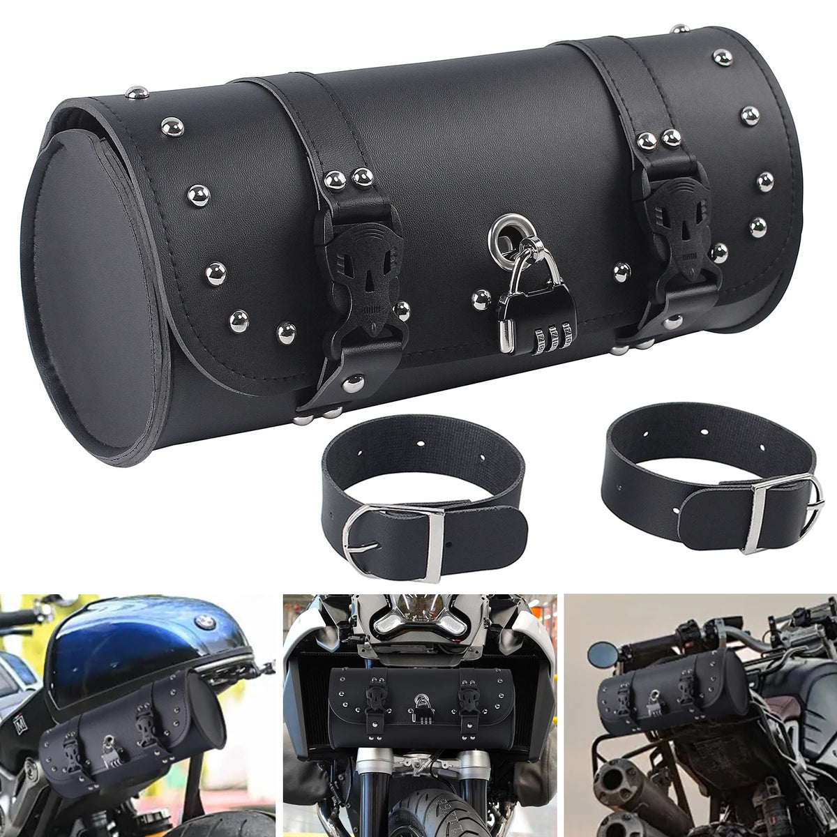Motorcycle Tool Bag Faux Leather Handlebar Roll Bag Waterproof Saddlebag Side Pannier Retro Siss - Automotive LED Light