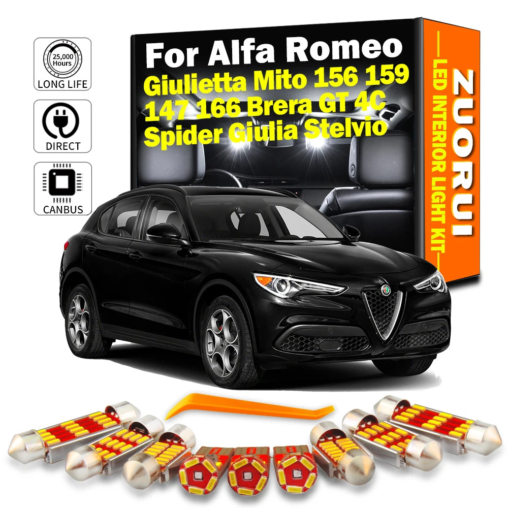 AutoGlowLED Canbus LED Interior Reading Light Kit for Alfa Romeo Giulietta Mito 156 159 147 166 Brera GT 4C Spider Giulia Stelvio