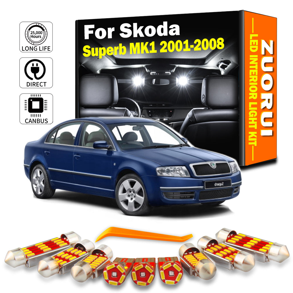 AutoGlowLED 13Pcs LED Interior Light Kit for Skoda Superb MK1 2001-2008