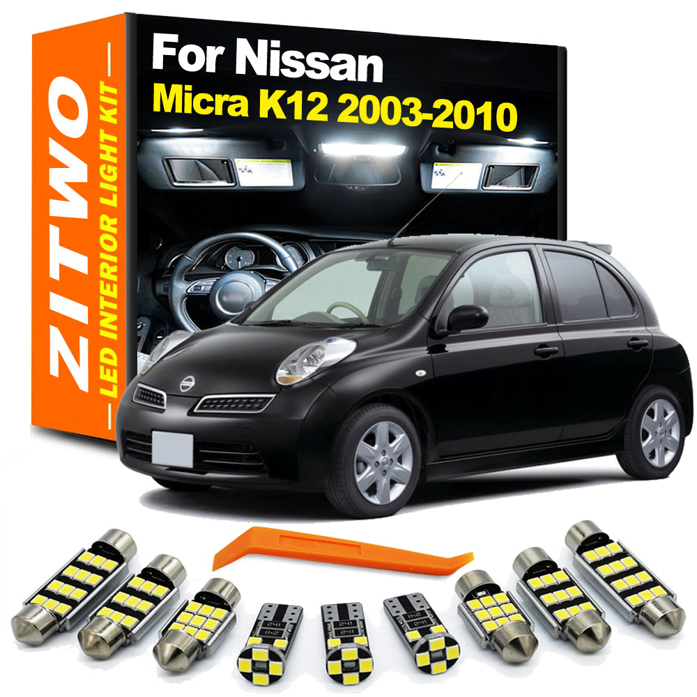 AutoGlowLED 10Pcs LED Interior Light Kit for Nissan Micra K12 2003-2010 Dome Map Trunk License